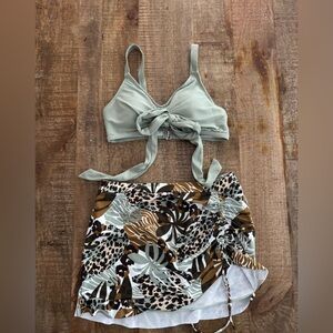 Green Tie-Front Bikini Top with Animal Print Skirt
